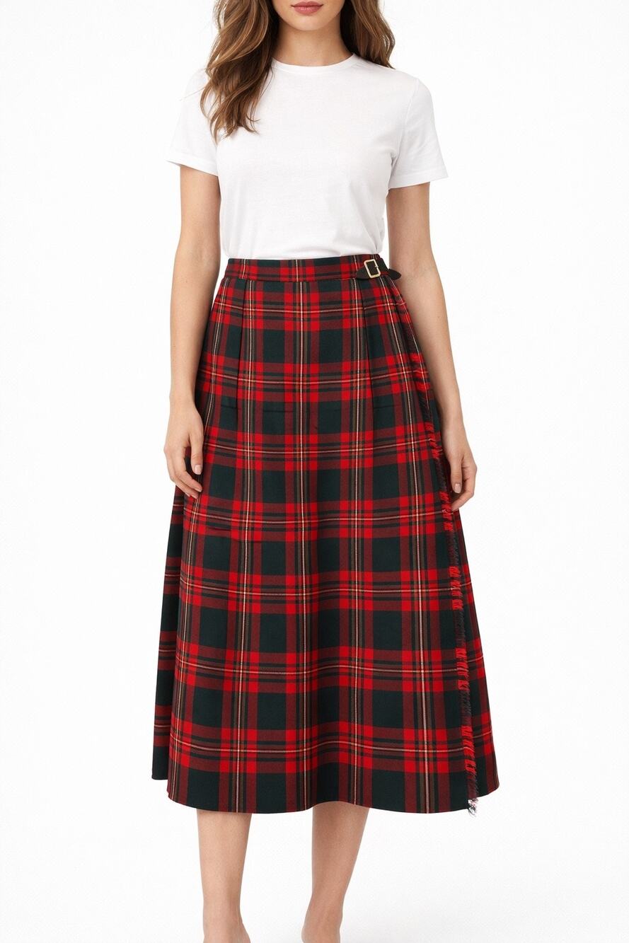 1990s Harrods London Red Tartan Pleated Wrap Kilt Skirt Small to Medium